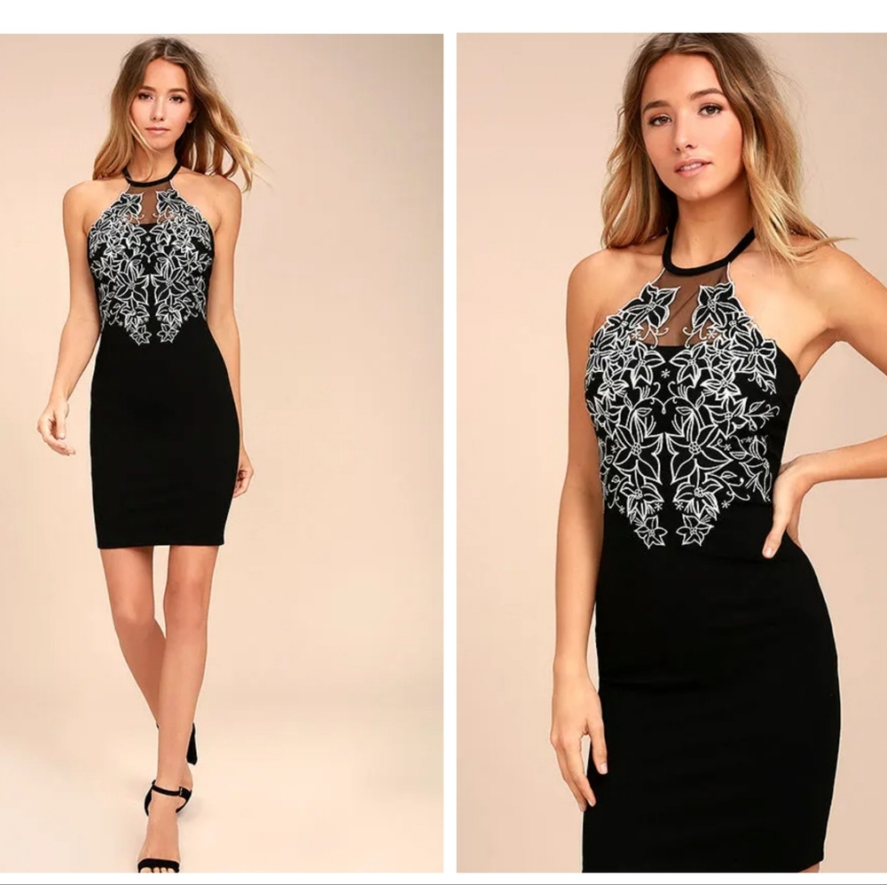 Lulus NWT Nights in Ibiza Black Embroidered Bodycon Dress